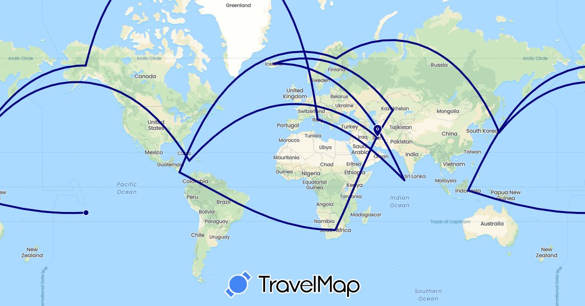 TravelMap itinerary: driving in Costa Rica, Finland, France, Indonesia, Iran, Iceland, Italy, Jamaica, Japan, Kazakhstan, Maldives, United States, South Africa (Africa, Asia, Europe, North America)